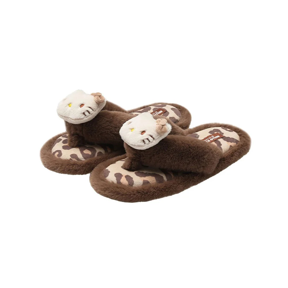 Anime Cute Hello Kitty Plush Flip Flops Women's Winter Slippers Cartoon Warm Cotton Anti Slip Comfortable Home Shoes Slippers