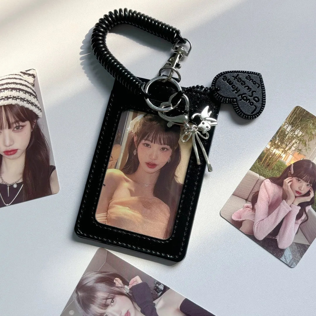 New Pu Black card holder album storage Key ring pendant Korean Kpop Card Sleeve with Protective Film Idol Photo Game Card Cover