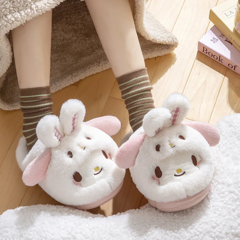 Cartoon Hello Kitty Women's Plush Slippers Warm New Cinnamoroll Pompompurin Kuromi Sanrioed Anime Winter Thicken Home Slippers