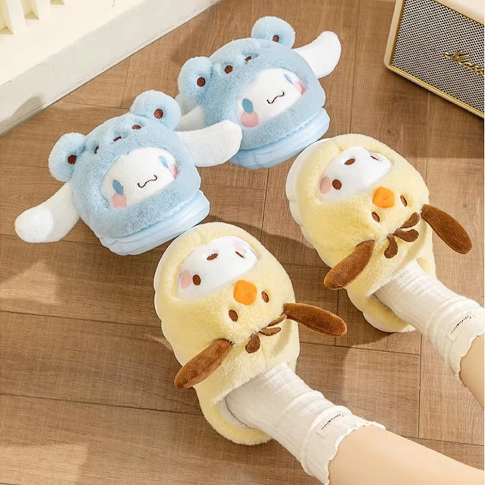 Cartoon Women's Plush Slippers Warm New Cinnamoroll Pompompurin Kuromi Sanrioed Anime Hello Kitty Winter Thicken Home Slippers