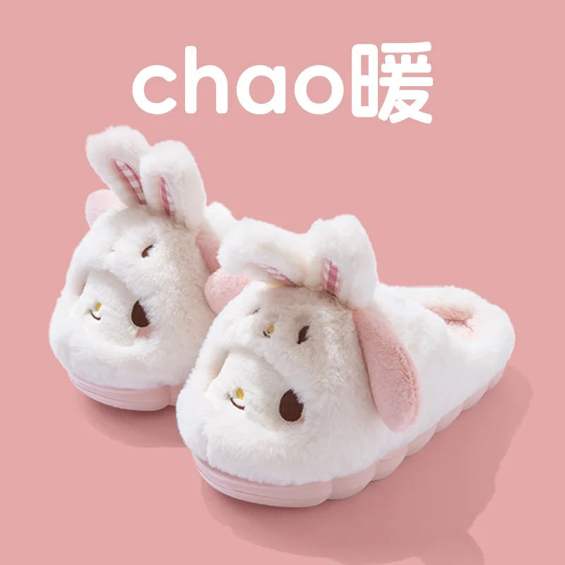 Cartoon Hello Kitty Women's Plush Slippers Warm New Cinnamoroll Pompompurin Kuromi Sanrioed Anime Winter Thicken Home Slippers