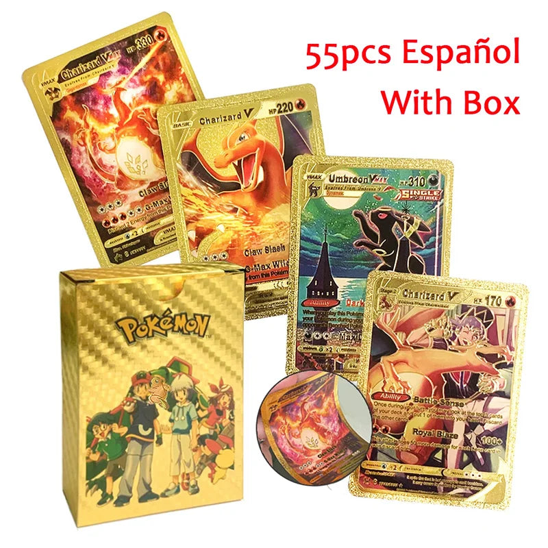55pc English card Charizard Gold Foil Cards Golden Letters English Spanish Game Card Metalicas Vmax Gx Series Gift