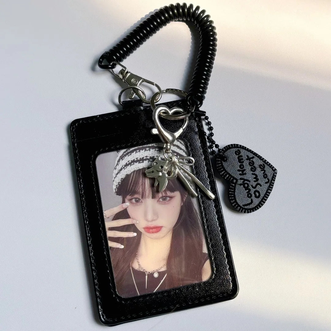 New Pu Black card holder album storage Key ring pendant Korean Kpop Card Sleeve with Protective Film Idol Photo Game Card Cover