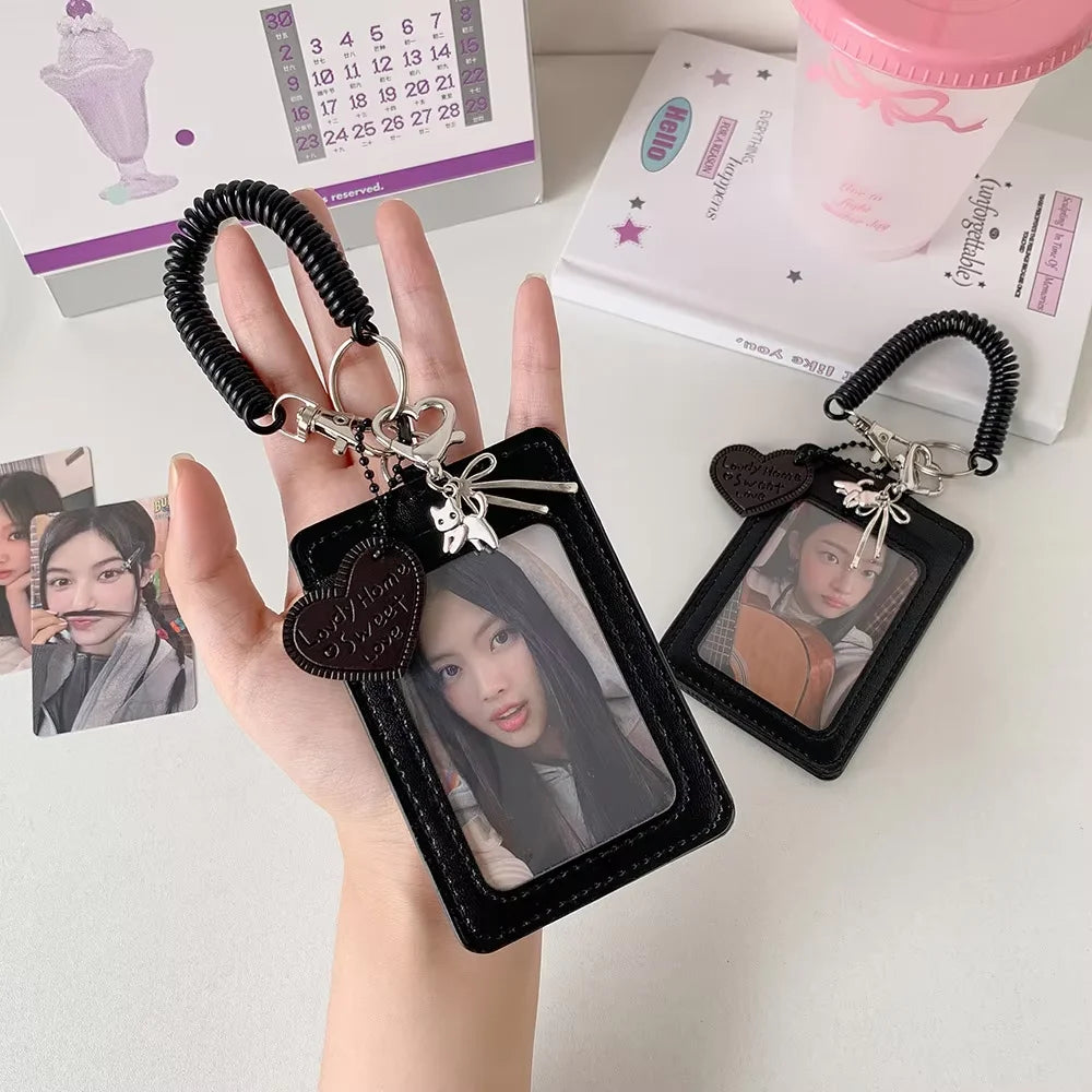 Y2k Black Photocard Holder Keychain Kpop Idol Photo Protector Sleeve Student Id Card Storage Case Student Stationery Supplies