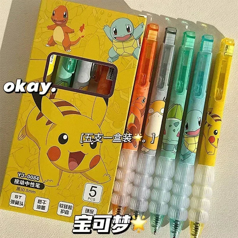 5pcs Pokemon Pens Pikachu Squirtle Charmander Cute Press Gel Pen Set Anime Cartoon School Office Stationery Supplies Kids Gifts