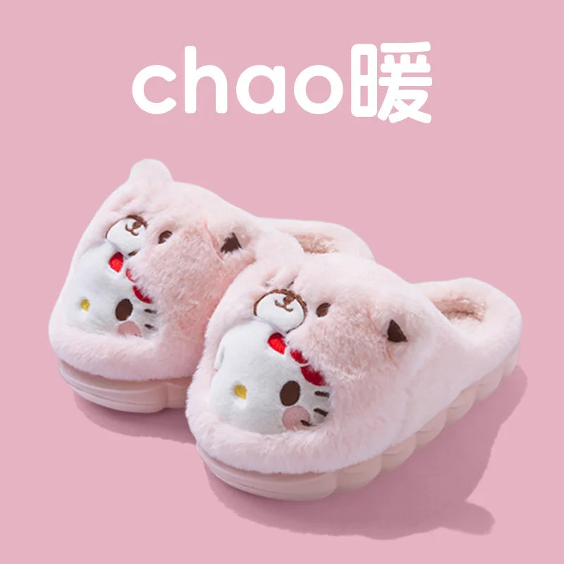 Cartoon Hello Kitty Women's Plush Slippers Warm New Cinnamoroll Pompompurin Kuromi Sanrioed Anime Winter Thicken Home Slippers