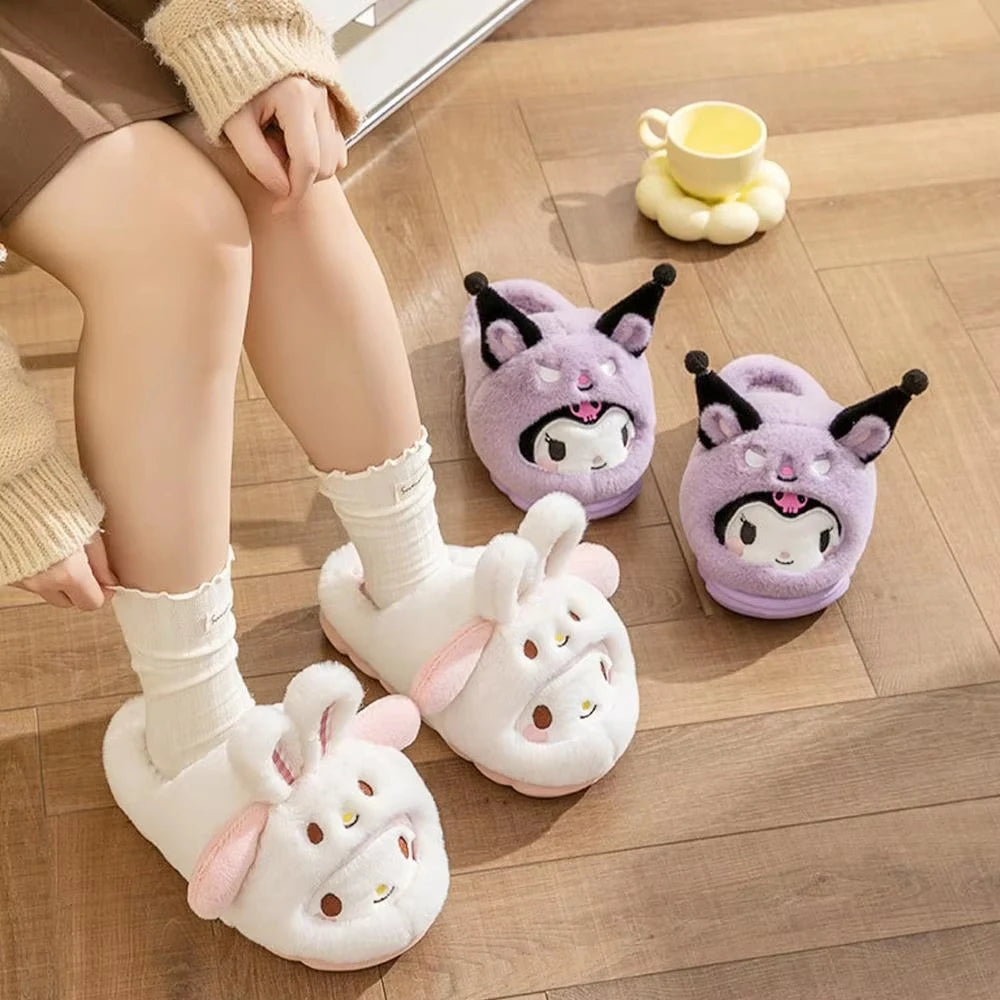 Cartoon Women's Plush Slippers Warm New Cinnamoroll Pompompurin Kuromi Sanrioed Anime Hello Kitty Winter Thicken Home Slippers