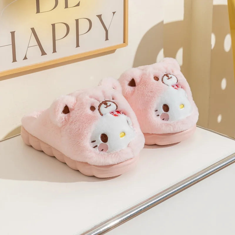 Cartoon Women's Plush Slippers Warm New Cinnamoroll Pompompurin Kuromi Sanrioed Anime Hello Kitty Winter Thicken Home Slippers