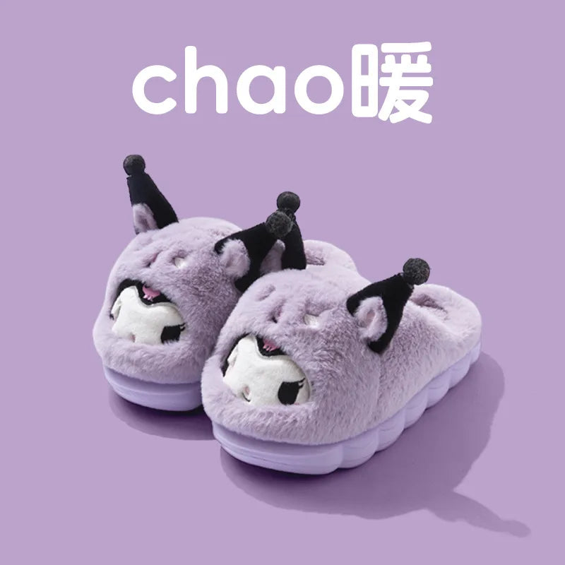 Cartoon Hello Kitty Women's Plush Slippers Warm New Cinnamoroll Pompompurin Kuromi Sanrioed Anime Winter Thicken Home Slippers
