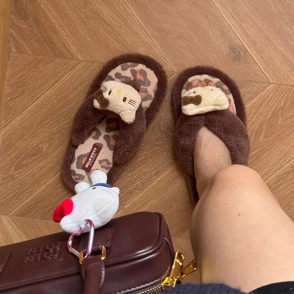 Anime Cute Hello Kitty Plush Flip Flops Women's Winter Slippers Cartoon Warm Cotton Anti Slip Comfortable Home Shoes Slippers