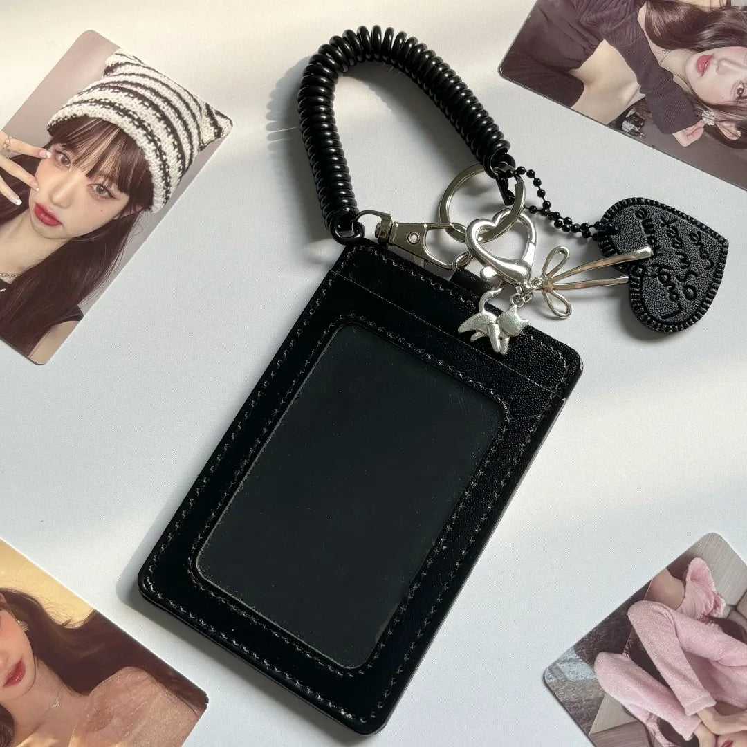 New Pu Black card holder album storage Key ring pendant Korean Kpop Card Sleeve with Protective Film Idol Photo Game Card Cover