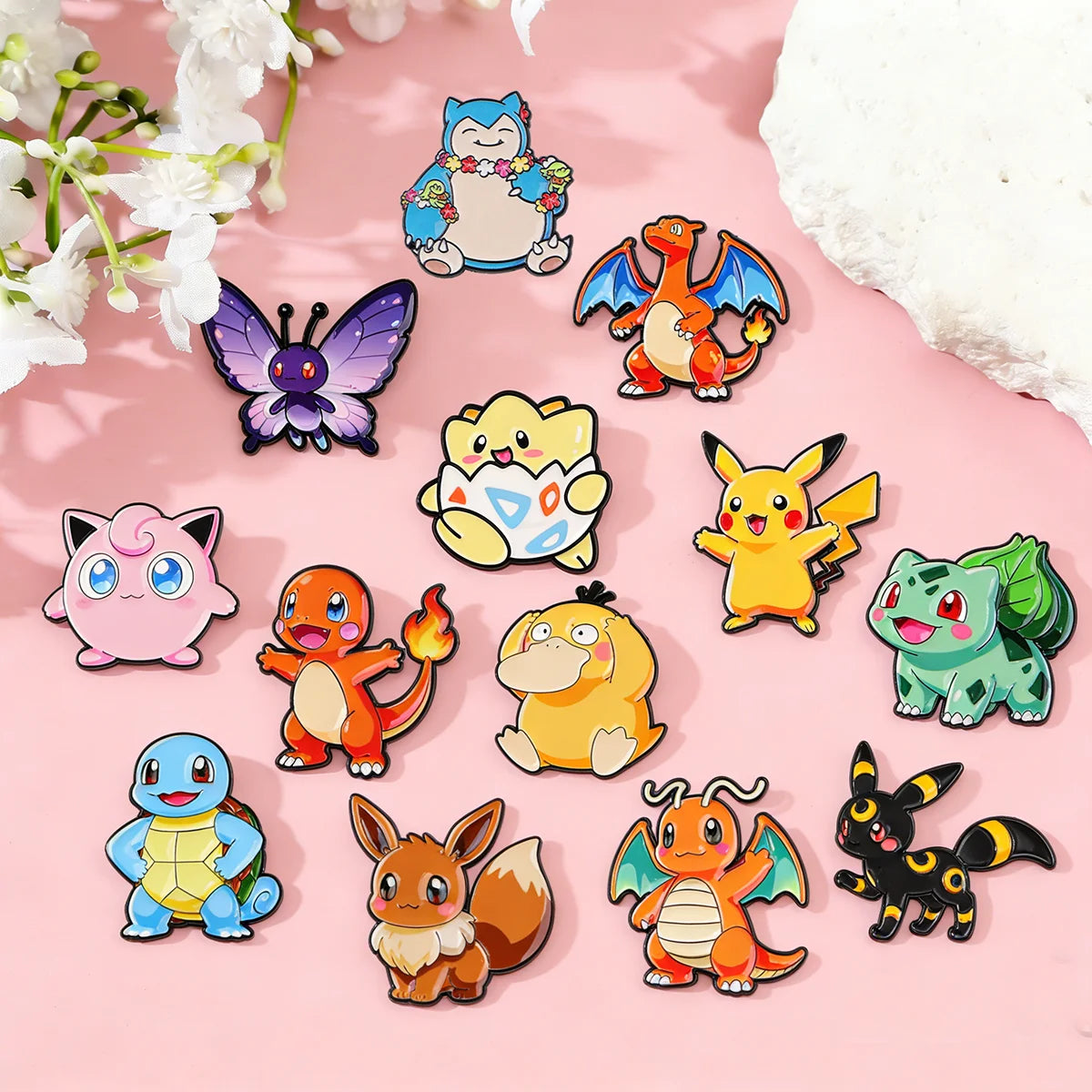 Random 7Pcs Anime Pokemon Monsters Enamel Pins Creative Elf Pikachu Psyduck Bulbasaur Squirtle Brooch Lapel Badge Cosplay Gift