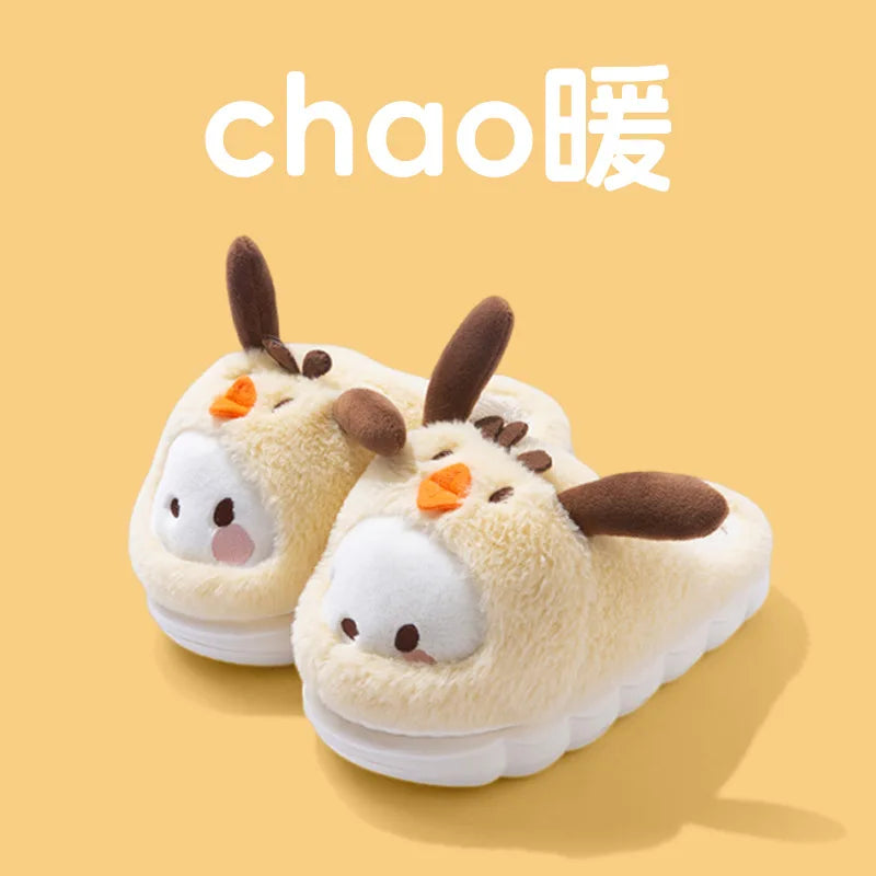 Cartoon Hello Kitty Women's Plush Slippers Warm New Cinnamoroll Pompompurin Kuromi Sanrioed Anime Winter Thicken Home Slippers
